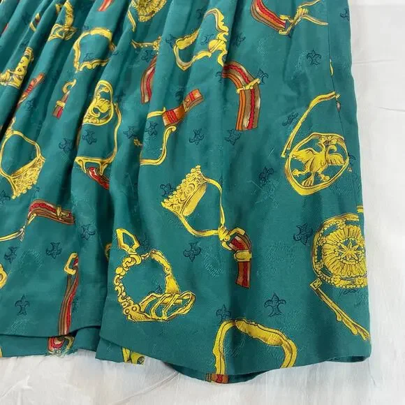 Chaus Women Vintage Teal Rayon Gold Equestrian Chain Print Pleated Maxi Skirt 14 - Picture 4 of 6
